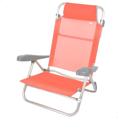 AKTIVE Silla playa plegable, 8 posiciones, Color coral, 47x49x82 cm, Incluye cojín acolchado, Asas de transporte, Soporta 110 kg, Sillas respaldo reclinable, Multiposición (62665)