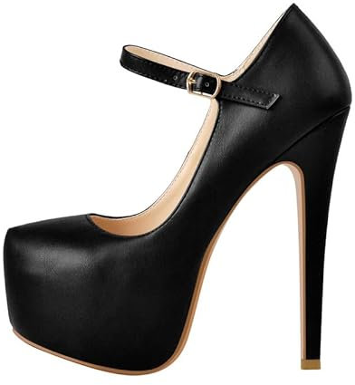 blingqueen Damen Mary Jane Pumps Plateau Stiletto High Heels Spangenpumps Schnalle Lederoptik Schwarz 42 EU