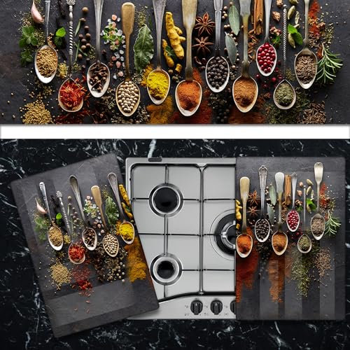 Pannello Copri Piano Cottura Induzione Fornelli Piastra Tagliere | Spezie su Marmo | 52x60 cm | per 4 Fuochi | da Cucina | in Vetro Temprato | 2 Pezzi