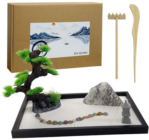 LuXianYS Kit de décoration Jardin Japonais Sable Zen Miniature 12x8 Pouces, Zen Miniature, Jardin Zen Japonais pour Bureau, Jardin de Sable Japonais Zen, Mini Jardin Zen Decoration