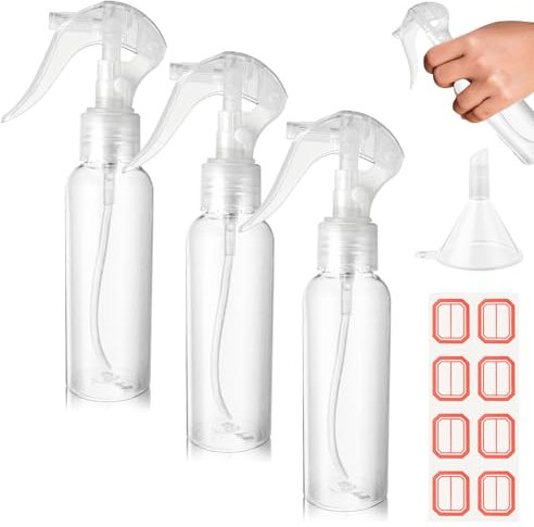 COMNICO Small Spray Bottles, 3.5oz/100ml Clear Plastic Hair Spray Bottle Reusable Fine Mist Travel Empty Bottle with Funnels Labels, Refillable Liquid Container for Essential Oils Water Squirt(3PCS)