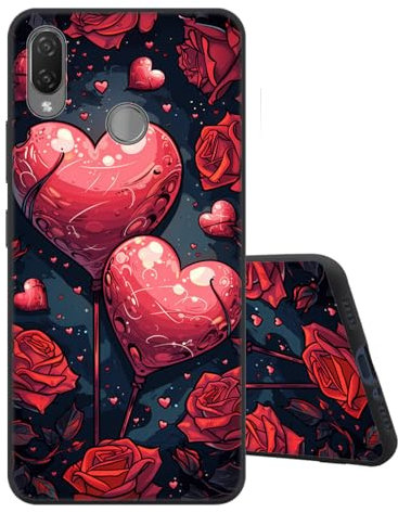 Sinyunron Cover Compatible con Huawei P Smart+ 2018 Custodia in Silicone Morbida e Sottile con Antiurto Anti-Graffio,Opaca Posteriore con Carina Estetica Motivo Disegno-Cuore Rosa