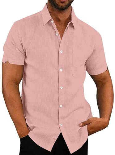 Rodawu Mens Linen Shirts Cotton Short Sleeved Shirts Regular Fit Casual Summer Shirts Lightweight Beach Shirt Pink Shirts M