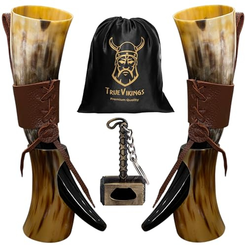 TRUE VIKING Drinking Horn 10-12oz – Gifts for Men, Dad, Husband – Unique Viking Gift – Handmade Real Ox Horn Cup with Thor Bottle Opener – for Beer, Ale, Mead (Set of 2)