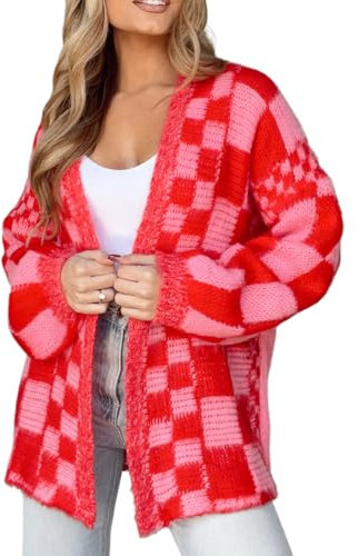 Women's Fall Knit Checked Cardigan Plaid Print Long Lantern Sleeve Open Front Loose Sweater Jacket Colour Block Cardigan (Red, M)