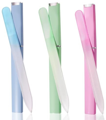 AOOTUERL Lot de 3 limes à ongles en verre gravé double face – Limes à ongles avec étui – Les ongles naturels et les soins des ongles artificiels pour manucure pédicure