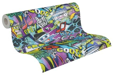 A.S. Création Papier peint pour chambre d'enfant Lilly & Luis - Papier peint intissé résistant à l'aspect graffiti - 10,05 m x 0,53 m - Multicolore, noir - Fabriqué en Allemagne - 771421