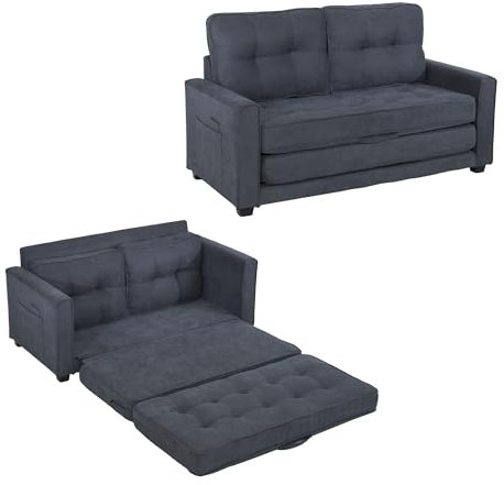 A ALFRESCOOL Doppelschlafsofa für 2 Personen, Modernes Design, Polstermöbel, Sofa mit Taschen an der Seite, Polstersofa, Dunkelgrau, 151 cm x 205 cm x 86 cm