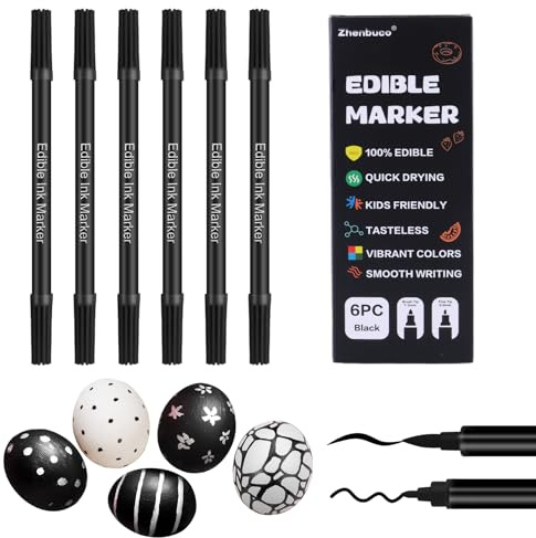Black Edible Markers - 6PCS Double Sided Food Coloring Pens with Fine and Thick Tip, Food Grade Gourmet Writer for Cookie, Fondant, Cakes, Frosting, Baking, Easter Eggs Decorating