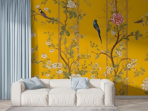 Blumenzweige Vogel Tapete, Retro-Blumen Fototapete, Gelb Wandpapier, Vliestapete Selbstklebende Wand Deko, Motivtapeten Schlafzimmer Wohnzimmer, Abziehen & Aufkleben, 450x315 cm - S-679
