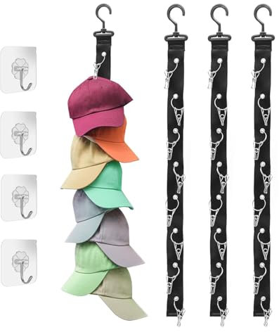 Jilskl Pack of 4 Hat Organiser Hanger, Black Nylon Cap Holder, Cap Storage With Hooks, Cap Holder With 8 Clips, Equipped With 4 Self-Adhesive Hooks, Used for Baseball Caps, Berets, and Sun Hats