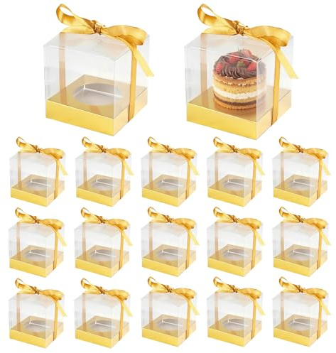 WENLISELL 24 PCS Individual Cupcake Boxes, 9x9x9cm Clear Cake Box with Base, Gold Single Cupcake Containers with Ribbon for Birthday, Wedding, Parties