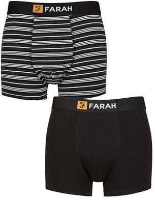Farah Men’s 2 Pack Cotton Trunks – Classic Fit, Soft Stretch, One Plain One Striped, Supportive Comfortable Underwear for Daily Wear, Sizes S–XL