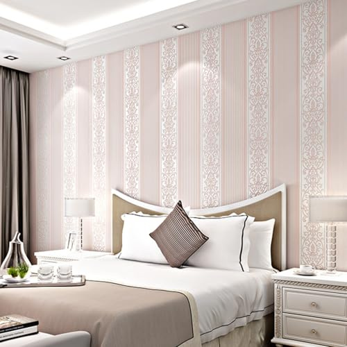ESSMOKO Tapete Verdickte umweltfreundliche Vliestapete für Schlafzimmer und Wohnzimmer 3D vertikale Streifen warme Hintergrundwand Hellrosa 53 * 950cm