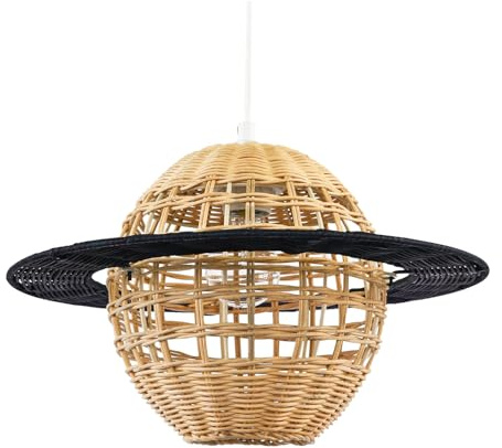 Modern Saturn Planet Childrens Pendant Lighting Shade with Vintage Brown and Matte Black Rattan | 38cm x 24cm | Outer Flat Ring by Happy Homewares