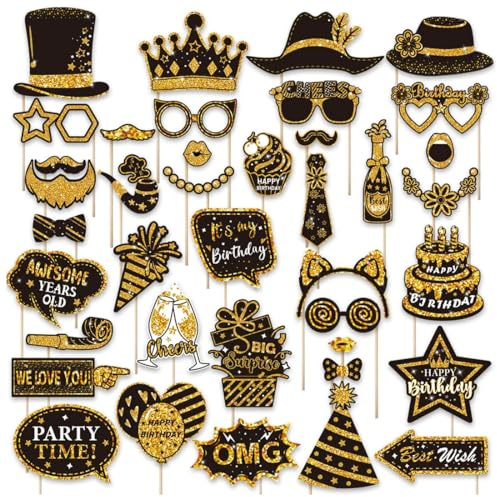 EJRUP 38 Pezzi Oggetti Scena per cabine fotografiche di compleanno, Gadget Compleanno per Selfie, Foto Props Fai da Te Accessori per Festa Compleanno(oro e nero)