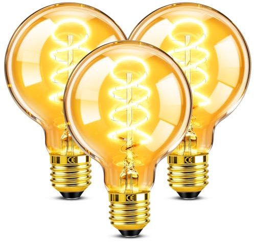 Edison Vintage Glühbirne E27 Dimmbar 4W LED Filament Lampe Ersetzt 40W Glühlampe, 2200K Warmweiß Bernstein Glas, Globe G80 E27 Retro Dekorative für Nostalgie Industrial Café Bar Beleuchtung, 3 Stück
