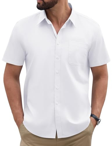 TOMEEK Men's Short Sleeve Shirts Casual Regular Fit Dress Shirt Summer Business Work Formal Button Down Shirt Plain(White,XXL)