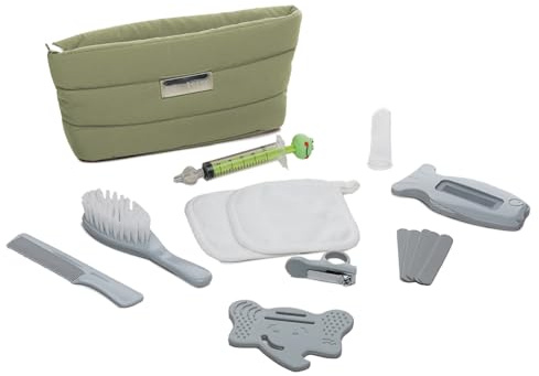 THERMOBABY - Trousse de Soin Bébé PLUMEA - Trousse de Toilette - Trousse Hygiène Nouveau-Né et Nourrisson - Compacte & Nomade - 9 Accessoires Essentiels Soin de Bébé -Cadeau de Naissance - Vert Cactus