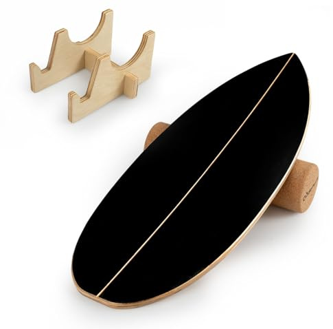 COSTWAY Surfin Balance Board aus Birkenholz, Wackelbrett mit Korkrolle & Halterung, Gleichgewichtstrainer bis 150 kg Belastbar, Surfboard indoor, Balanceboard für Kinder, Erwachsene (Schwarz)
