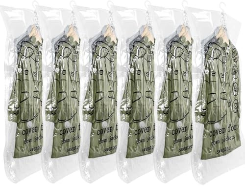 6PCS Hanging Vacuum Bags for Coats, Space-saving Vacuum Bag for Clothes, 110x70CM Reusable Vacuum Coat Bags for Suits, Jackets or Dresses, Closet Organizer