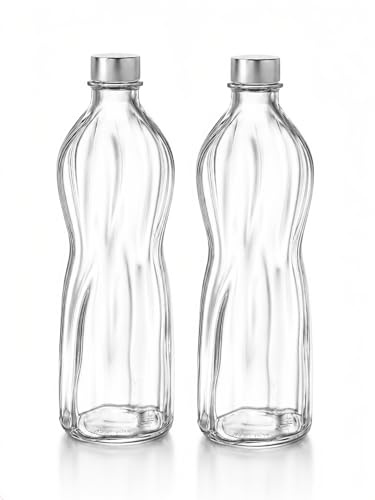 Italia Velluto Glasflasche, Trinkflasche aus Glas mit Edelstahl Deckel, Aqua Wellenstruktur, wiederverwendbar, Wasserflasche für Wasser, Saft, Limo, Kefir und Milch (2x Glasflasche)