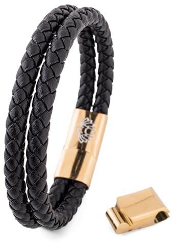 Akitsune Simplicitas Lederarmband | Magnetisch Premium Armschmuck Frauen Herren Geflochten Männer Handgefertigt Armband - Gold - Schwarz 18cm