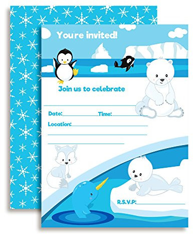 AmandaCreation Einladungskarten für den Winter, mit Pinguin, Narwal, Wal, Eisbär und Siegel, 20 Stück, 12,7 x 17,8 cm, mit 20 weißen Umschlägen