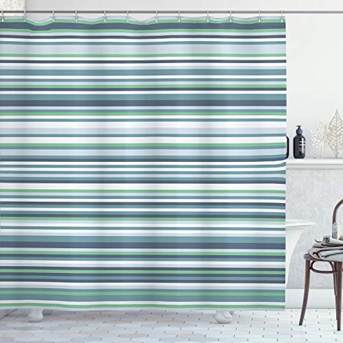 ABAKUHAUS Duschvorhang, Blau Weiß Grün und Graues Lienales Bestreiftes Lienales Muster Design als Digital Druck, Blickdicht aus Stoff inkl. 12 Ringen Umweltfreundlich Waschbar, 175 X 200 cm,Teal Blau