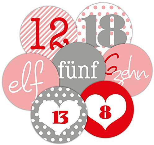 Frau WunderVoll® 24 Adventskalenderzahlen Aufkleber ROSA-ROT, Durchmesser 4 cm/Sticker, Weihnachten, Adventskalender, DIY Kalender, Kindergeburtstag, Aufkleber Kinder,Junge, Mädchen