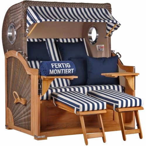 MR. DEKO® Strandkorb Baltikum 2,5-Sitzer Teak | PE Geflecht Grey | Volllieger Strandkörbe aus Teakholz mit 2 Bullaugen & Fußablagen | Polster mit 4 Kissen | Strandstuhl (Dessin 518)