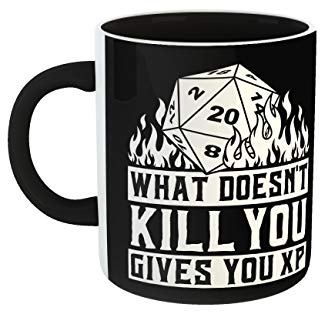 clothinx Kaffeetasse mit Aufdruck und schwarzem Griff What Doesn't Kill You Gives You Exp | Pen and Paper Rollenspiel Motiv | Spielleiter Meister DnD