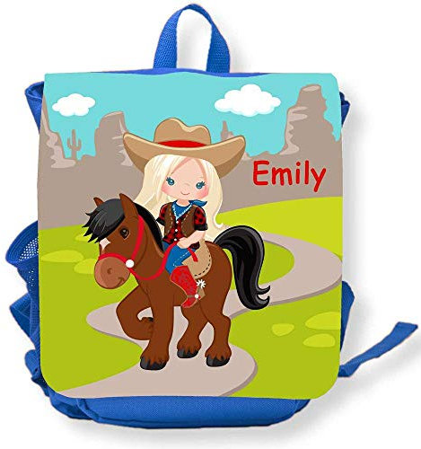SL-Store GbR Kindergartenrucksack blau Pferd Reiterin blond mit Namen Mädchen Kleinkind Kinderrucksack für Kita Kindergarten personalisiert Name Bedruckt