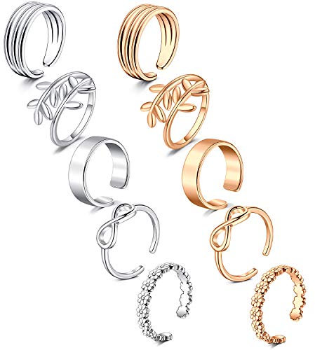 Rajnard Zehenring Fingerringe Gelenkringe Verstellbares Band Knöchel Fußring Blütenblatt Verschiedene Arten Chirurgischer Stahl Für Frauen Mädchen 10Stk Silber/Rosegold Set