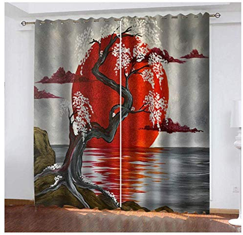 MEKVF Rideaux Imprimés Salon 220x215cm(Wxl) Cerisier Japonais Soleil Rouge Rideaux Isothermes Rideaux en Polyester Imprimés À 2 Panneaux pour Garçons Filles pour Chambre Salon Pépinière