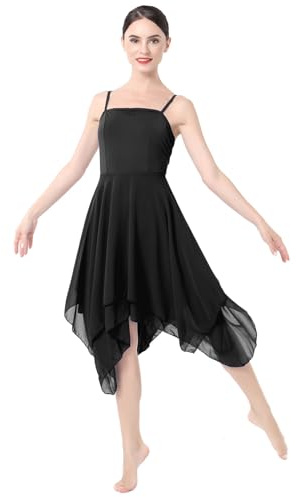 ODASDO Women Lyrical Dance Dress Ballet Modern Contemporary Dance Costume Spaghetti Straps Handerkerchief Hem Chiffon Flowy Skirt Ballroom Cha Cha Clothes Black S
