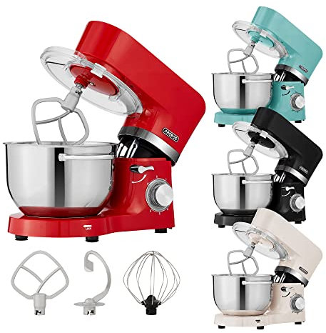 Arebos Batidora Amasadora Multifunción 1500W | Rojo | 2 Recipiente de acero inoxidable 4,5L + 5,5L | Robot de Cocina con 3 herramientas Gancho para Amasar, Varillas, Gancho para mezclar, 6 Velocidade