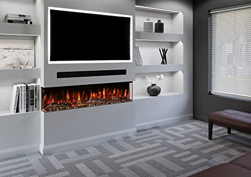 Evolution Fires 50 inch Media Wall Fireplace, 3 Sided Panoramic Electric Fire, Wall Mounted, Touchscreen Controls & Remote Control, Crystal & Log Set