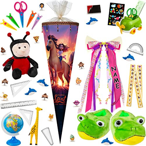 alles-meine.de GmbH Schultüte mit Perlen Bändern ! Pferd - Spirit 70-85 cm Größe wählbar inkl. komplette Füllung + Name + Bänder Schleife + Kunststoff Spitze - Zucker..