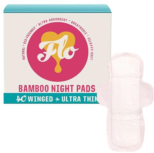 FLO Organic Bamboo Sanitary Towels with Wings – Ultra-Thin, Soft, Absorbent Period Pads for Leak-Proof Protection – 40 Night Pads
