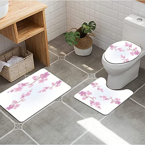 URSOPET Badezimmer Set, rutschfeste Badematte und WC-Vorleger-Set, Pfirsichblüten Apfelbaum Zweige von Sakura Lila Hellrosa Farbe Kirschblüte April weich, wasserabsorbierend,WC-Garnitur, 3-teilig