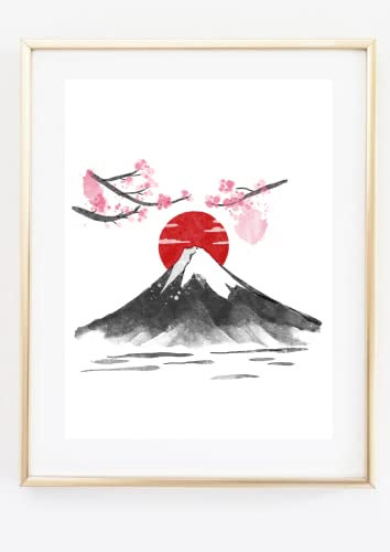 Din A4 Kunstdruck ohne Rahmen - Fujiyama - Fuji Berg Japan Kirschblüte - Asia Aquarell Malerei - Bild Druck Poster