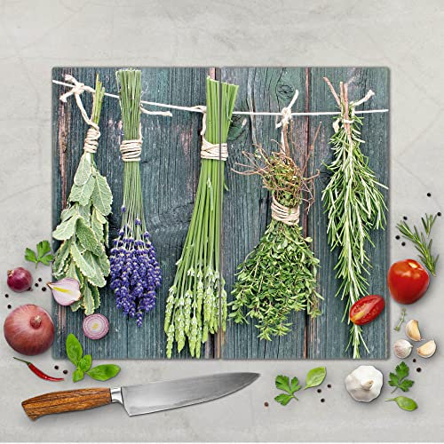banjado Schneidebrett Glas mit Motiv Acht Kräuter - großes zweiteiliges Glasschneidebrett rechteckig 2 x 30 cm x 52 cm - auch verwendbar als Schneidebrett Herdabdeckung