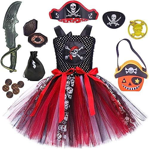 Windskids Piratenkostüm Mädchen mit 8 Stück Piraten Zubehör Piratenhut Augenschutz Kompass Geldsäcke Goldmünzen Ohrringe Taschen Tutukleid Verkleidung Halloween Karneval Fasching Kostüm für Kinder