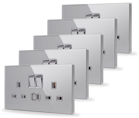 JIMEIDA 5 Pack Double Switched Socket Grey 20W Fast Charging 13 Amp with USB A and Type C Charging Ports Crystal Glass Panel Wall Outlet