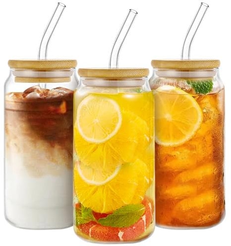 WOPPLXY 3 vasos de cristal con tapa y pajita, vasos de 550 ml con tapa y pajita, transparente con tapa para batidos, café helado, cócteles, té helado