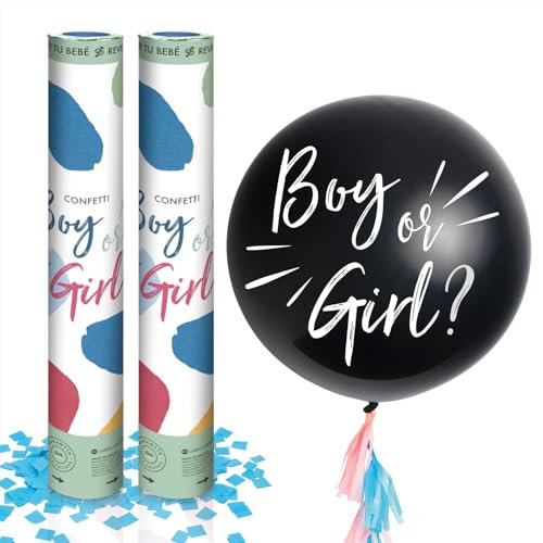OH YEAH - Enthüllungsset für Babys, 2 Stück, blaue Konfettikanonen, 50 cm, 1 Latexballon, Ø 90 cm, Junge oder Mädchen?, Babyparty-Set für Kinder, einfach zu bedienen