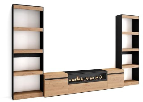Skraut Home | Mobile Soggiorno TV | Parete Attrezzata Soggiorno | 320x186x35cm | Per TV fino a 80 | Camino elettrico | Stile moderno | Rovere e nero