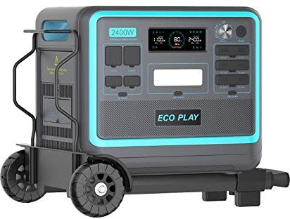 Eco Play Tragbares Kraftwerk mit Handwagen, 2400W (Peak 4800W) mit 2048Wh LiFePO4 Akku, 3x230V AC Reine Sinuswelle, 1.8H bis Vollladung, Solargenerator für Camping/Outdoor/Notfall