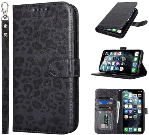 Zouzt Case for iPhone 11 Pro (5.8 Inch), Premium PU Leather Wallet Case with Credit Card Holder Slot Flip Folio Kickstand Shockproof Protective Phone Cover (Black Leopard Pattern)